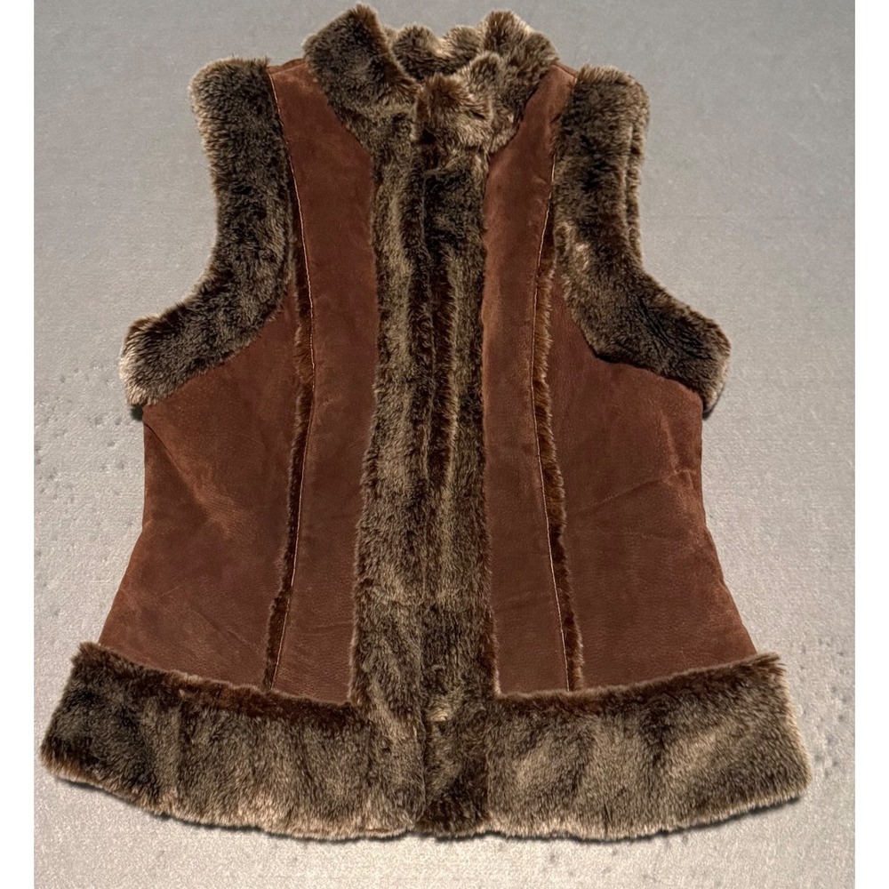 Live a Little Brown Leather Vest with Faux Fur Trim Women's L Boho - Picture 1 of 4